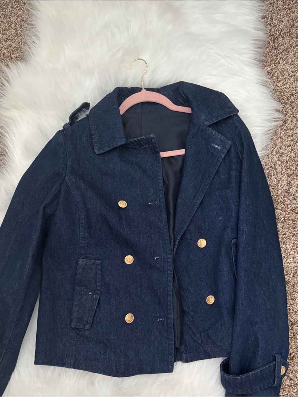 Zara Navy Double-Breasted Pea Coat with Gold Buttons